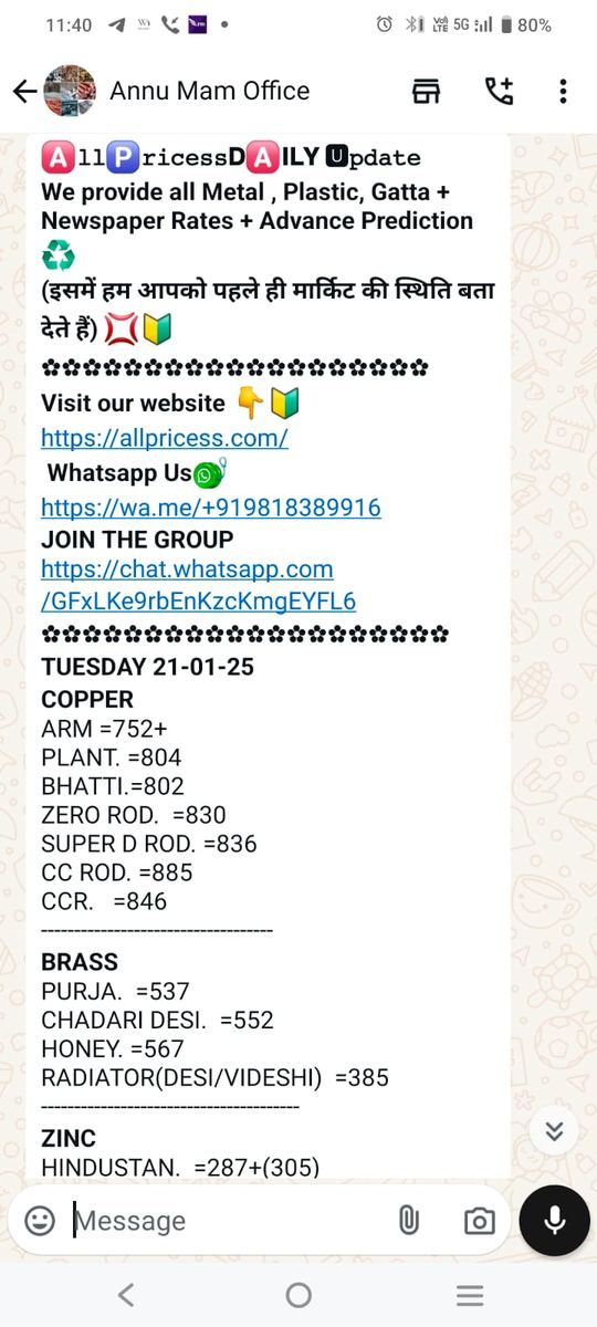 All Pricess Daily Update — Copper, Brass, Zinc के भाव का असली WhatsApp मैसेज
